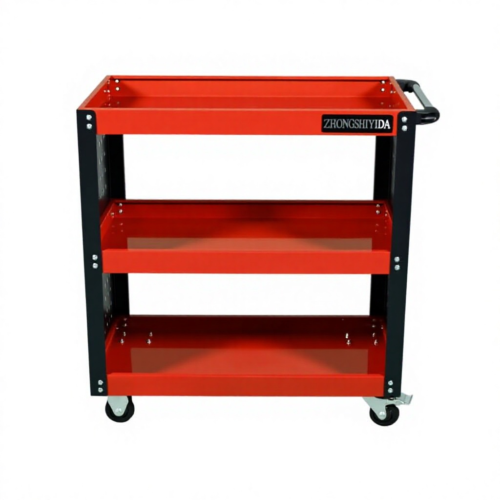 3 Tier Heavy Duty Rolling Tool Trolley, Red Cold Rolled Steel Side Hole Panel Garage Storage Parts Cart - Image 2