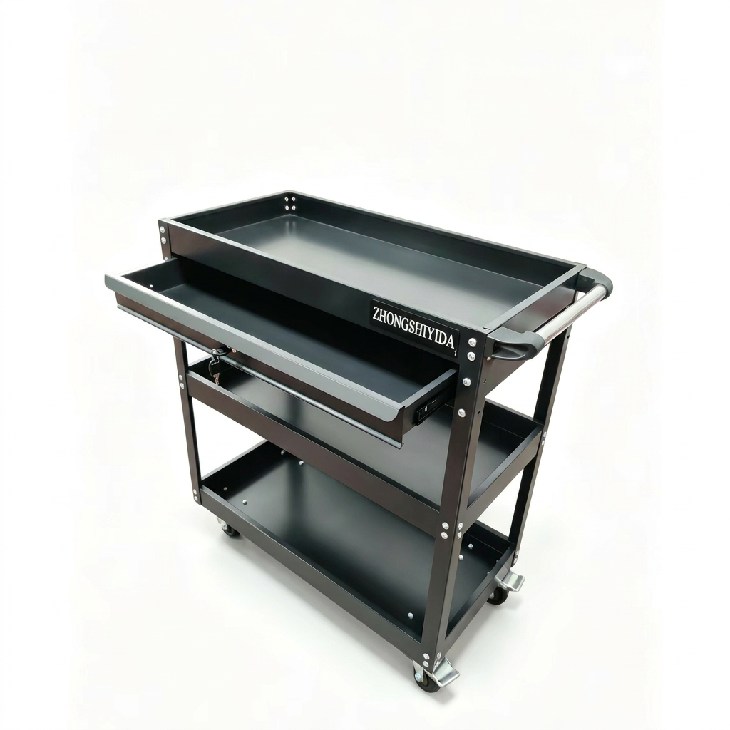 3 Tier Rolling Tool Trolley With Lockable Drawer Heavy Duty Cold Rolled Steel Garage Tool Storage Cart - Image 4