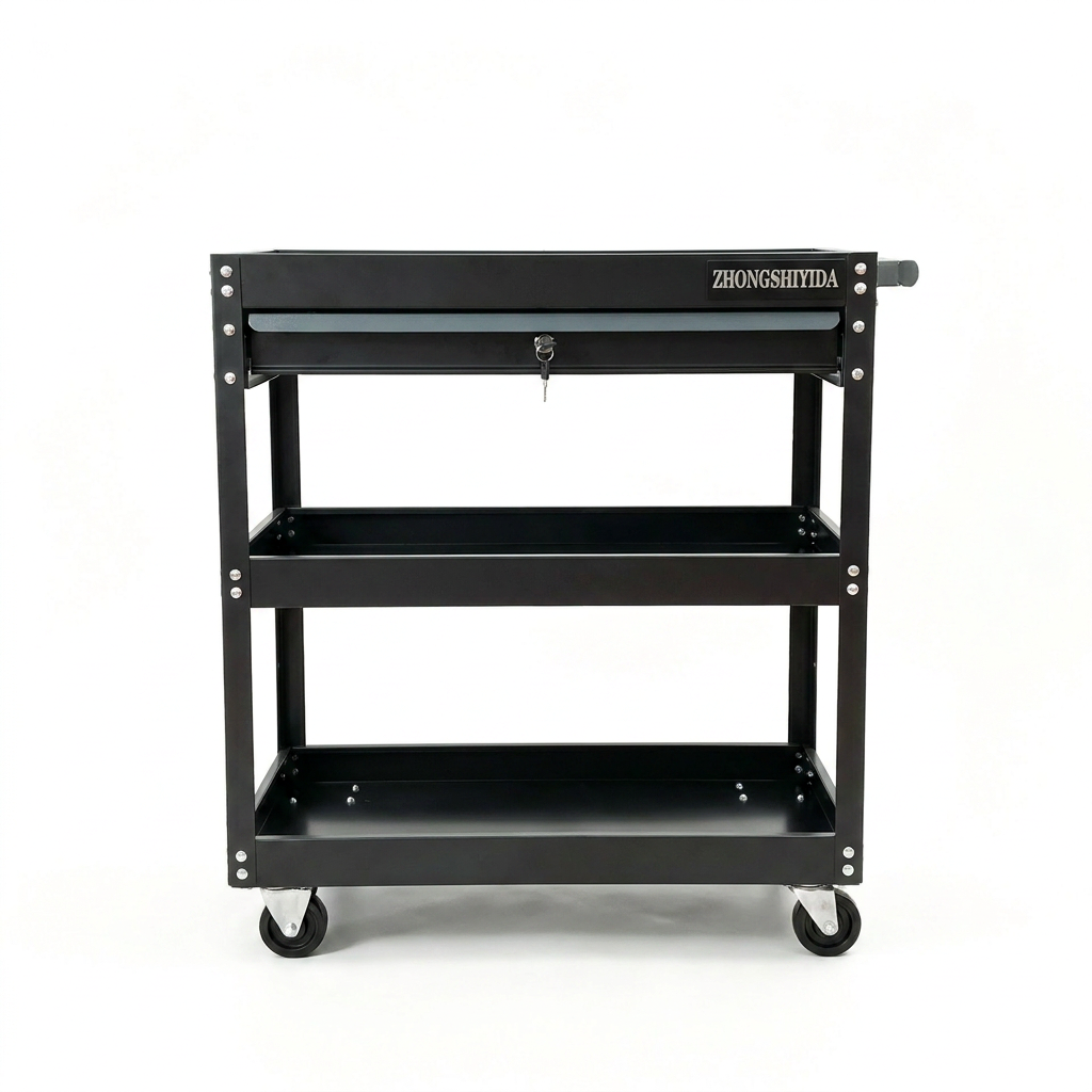 3 Tier Rolling Tool Trolley With Lockable Drawer Heavy Duty Cold Rolled Steel Garage Tool Storage Cart