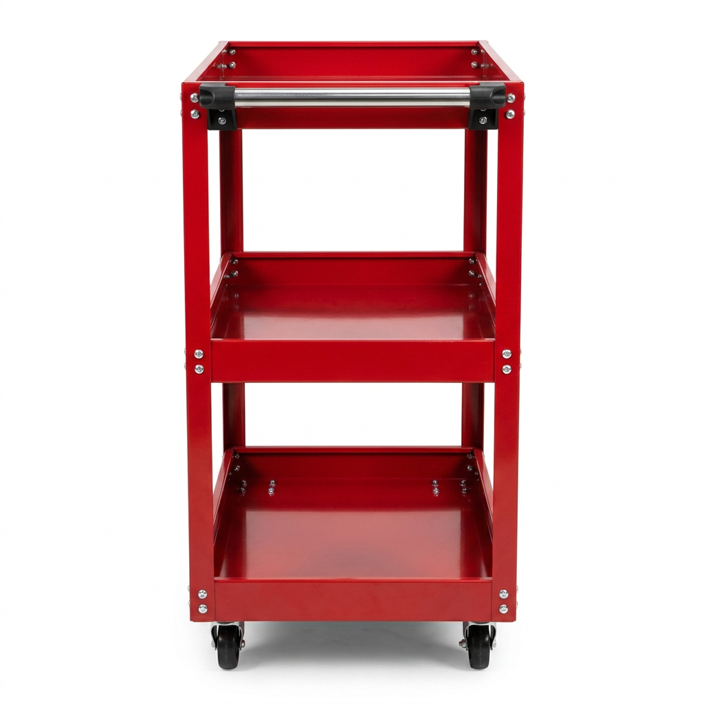 Professional Heavy Duty Red OEM Tool Cart with 3 Thick Shelves Lockable Rubber Wheels Factory - Image 4