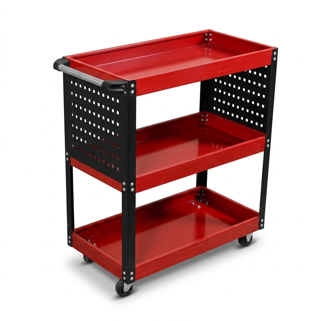 3 Tier Half Mesh Parts Cart Heavy Duty Cold Rolled Steel Rolling Tool Trolley for Garage Workshop - Image 3
