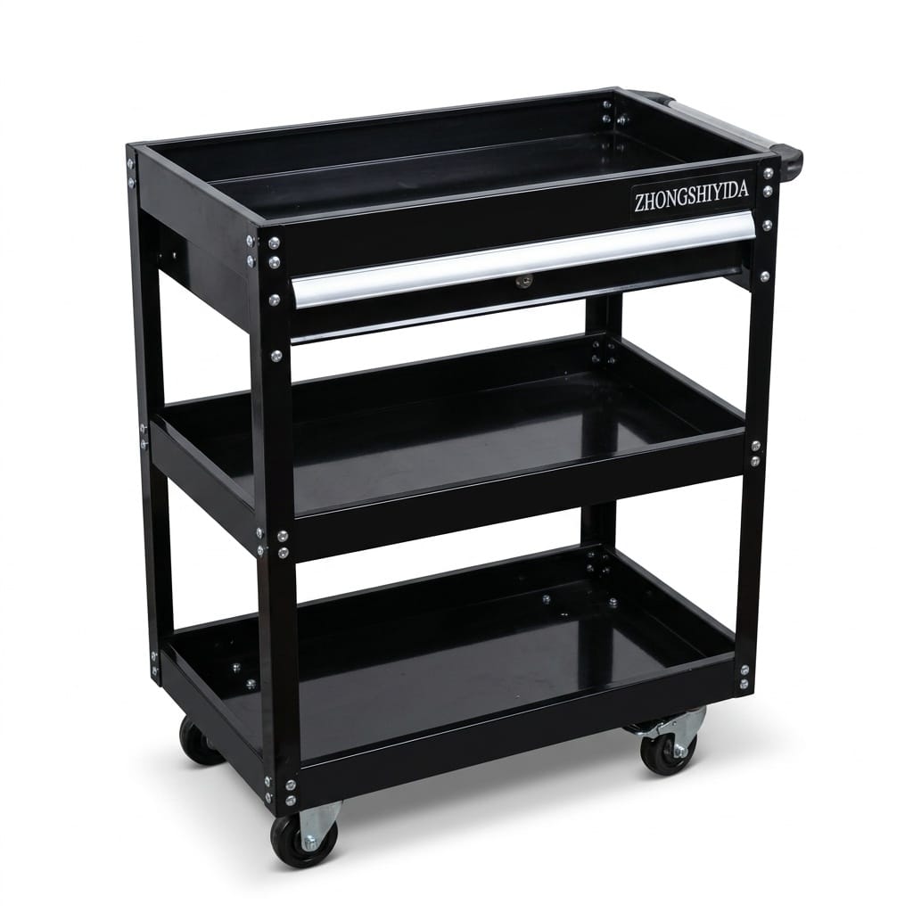Glossy Black 3 Tier Parts Cart with Single Drawer Heavy Duty Rolling Tool Trolley for Garage - Image 5