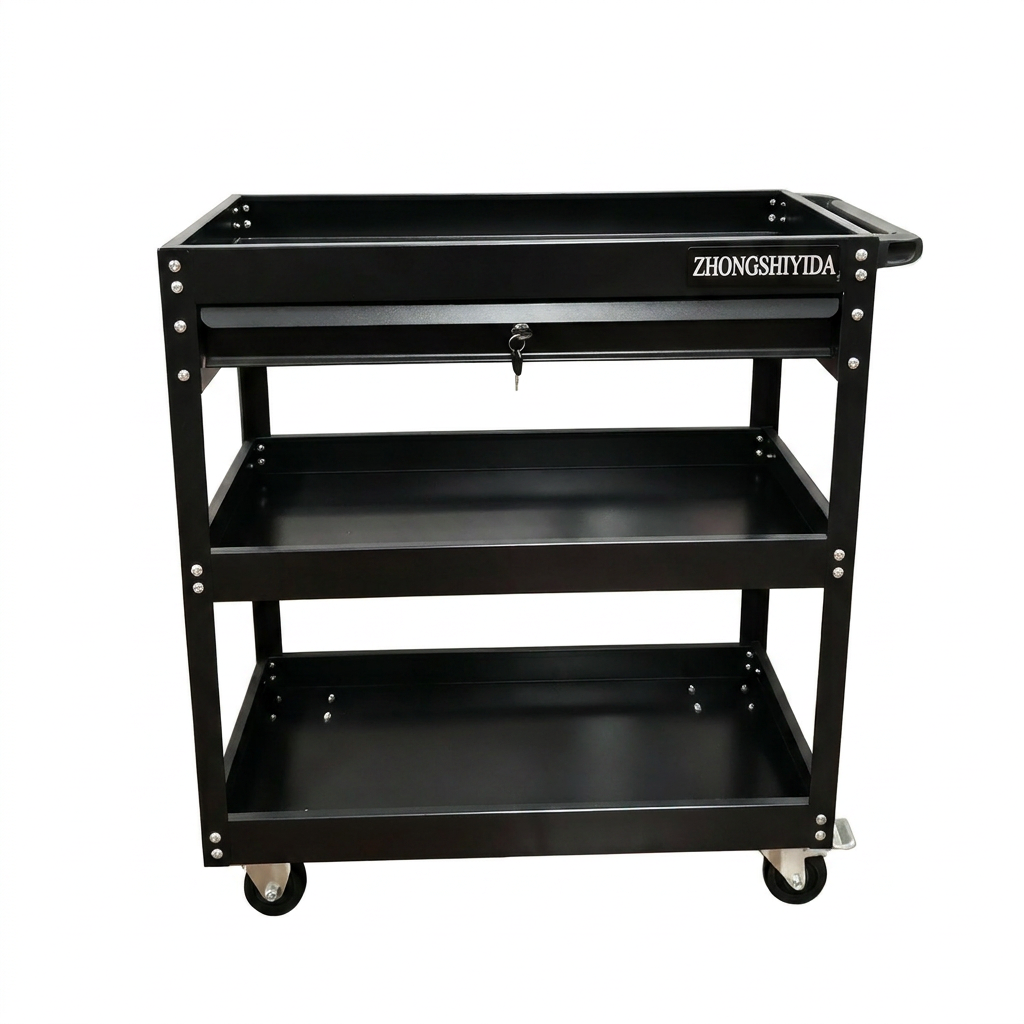 3 Tier Rolling Tool Trolley With Lockable Drawer Heavy Duty Cold Rolled Steel Garage Tool Storage Cart - Image 2