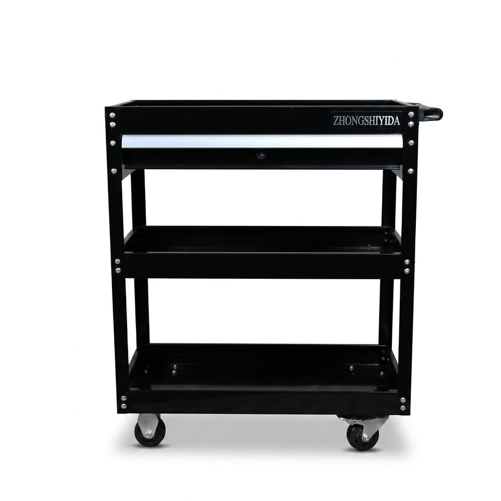 Glossy Black 3 Tier Parts Cart with Single Drawer Heavy Duty Rolling Tool Trolley for Garage