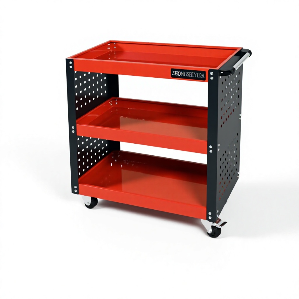 3 Tier Heavy Duty Rolling Tool Trolley, Red Cold Rolled Steel Side Hole Panel Garage Storage Parts Cart - Image 4