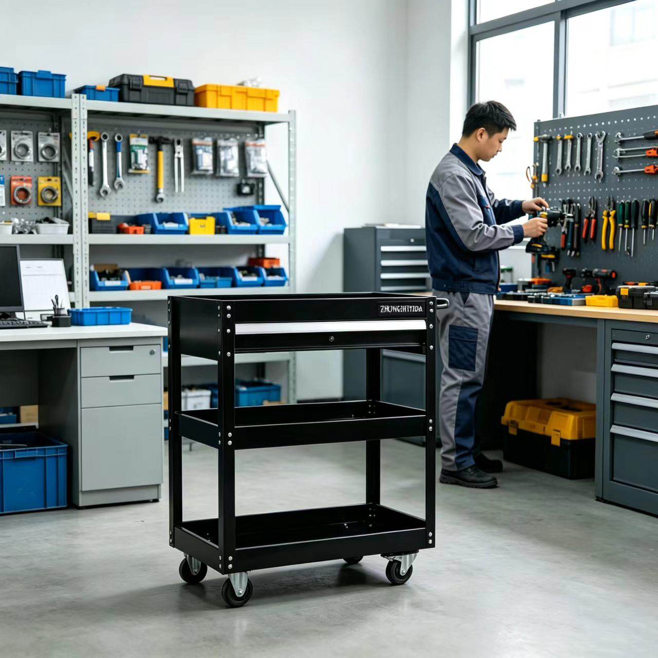 Glossy Black 3 Tier Parts Cart with Single Drawer Heavy Duty Rolling Tool Trolley for Garage - Image 4