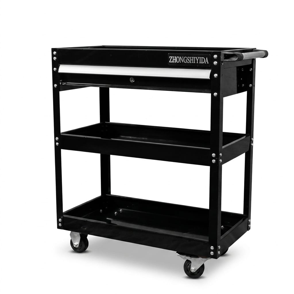 Glossy Black 3 Tier Parts Cart with Single Drawer Heavy Duty Rolling Tool Trolley for Garage - Image 2