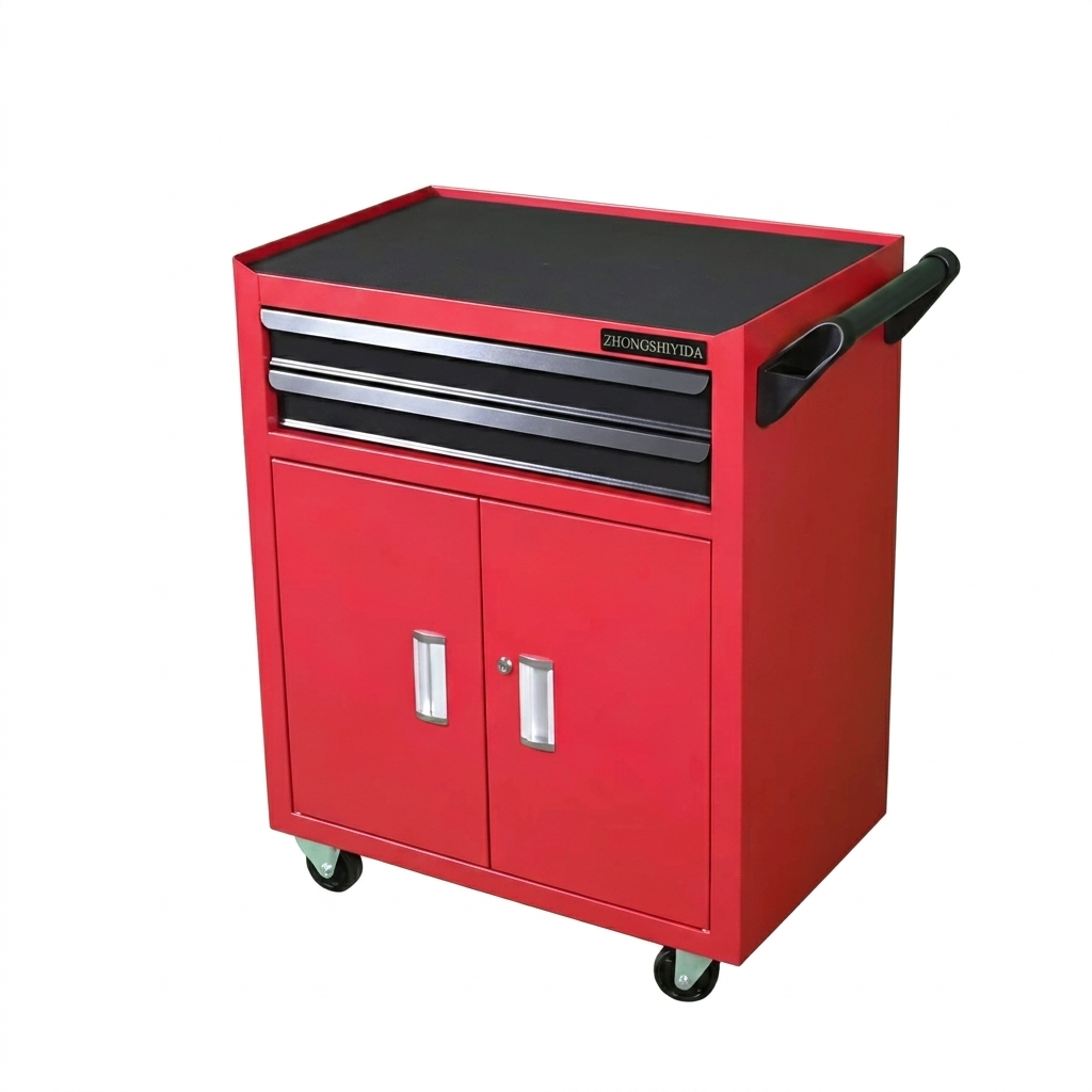 Thickened Cold Rolled Steel 2 Drawer Tool Cabinet with Double Doors Red Black Closed Storage for Garage - Image 3