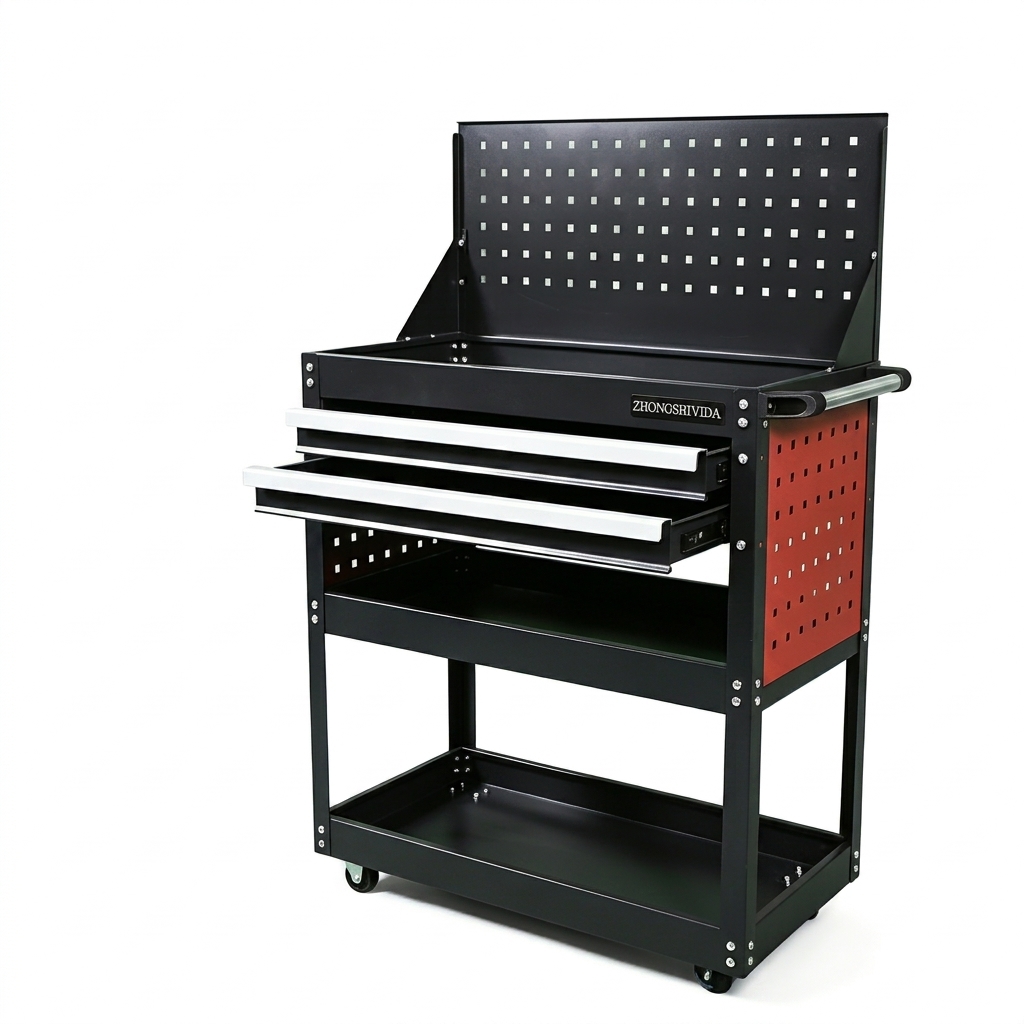 3 Tier 2 Drawer Parts Cart with Flip Top Pegboard Heavy Duty Rolling Tool Trolley for Garage - Image 3