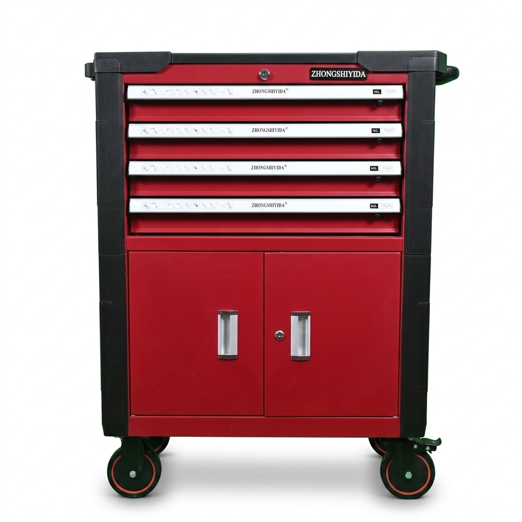 Tool Cabinet 4 Drawer Steel Heavy Duty Double Doors Plastic Top Rolling Tool Chest for Garage and Factory