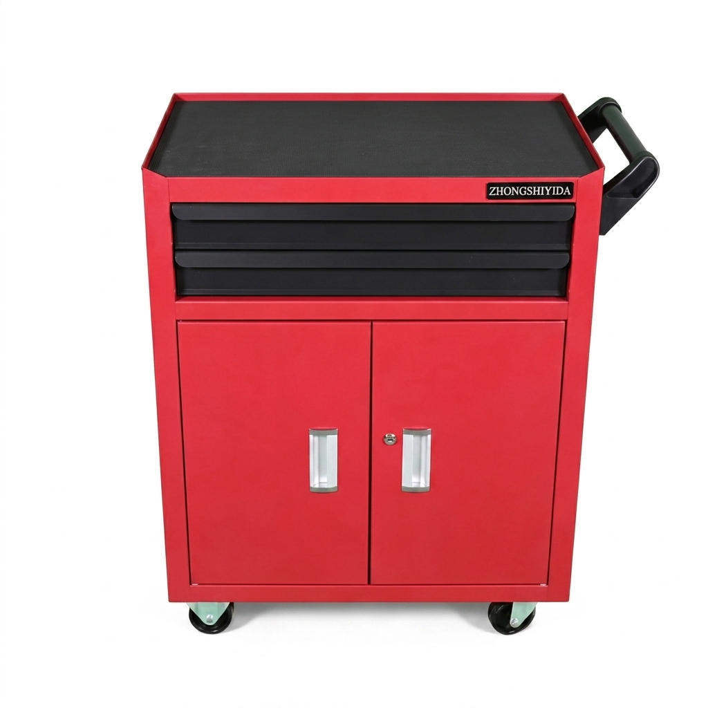 Thickened Cold Rolled Steel 2 Drawer Tool Cabinet with Double Doors Red Black Closed Storage for Garage - Image 5