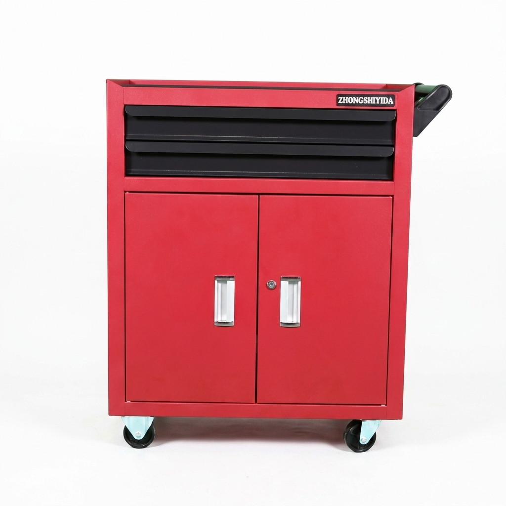 Thickened Cold Rolled Steel 2 Drawer Tool Cabinet with Double Doors Red Black Closed Storage for Garage