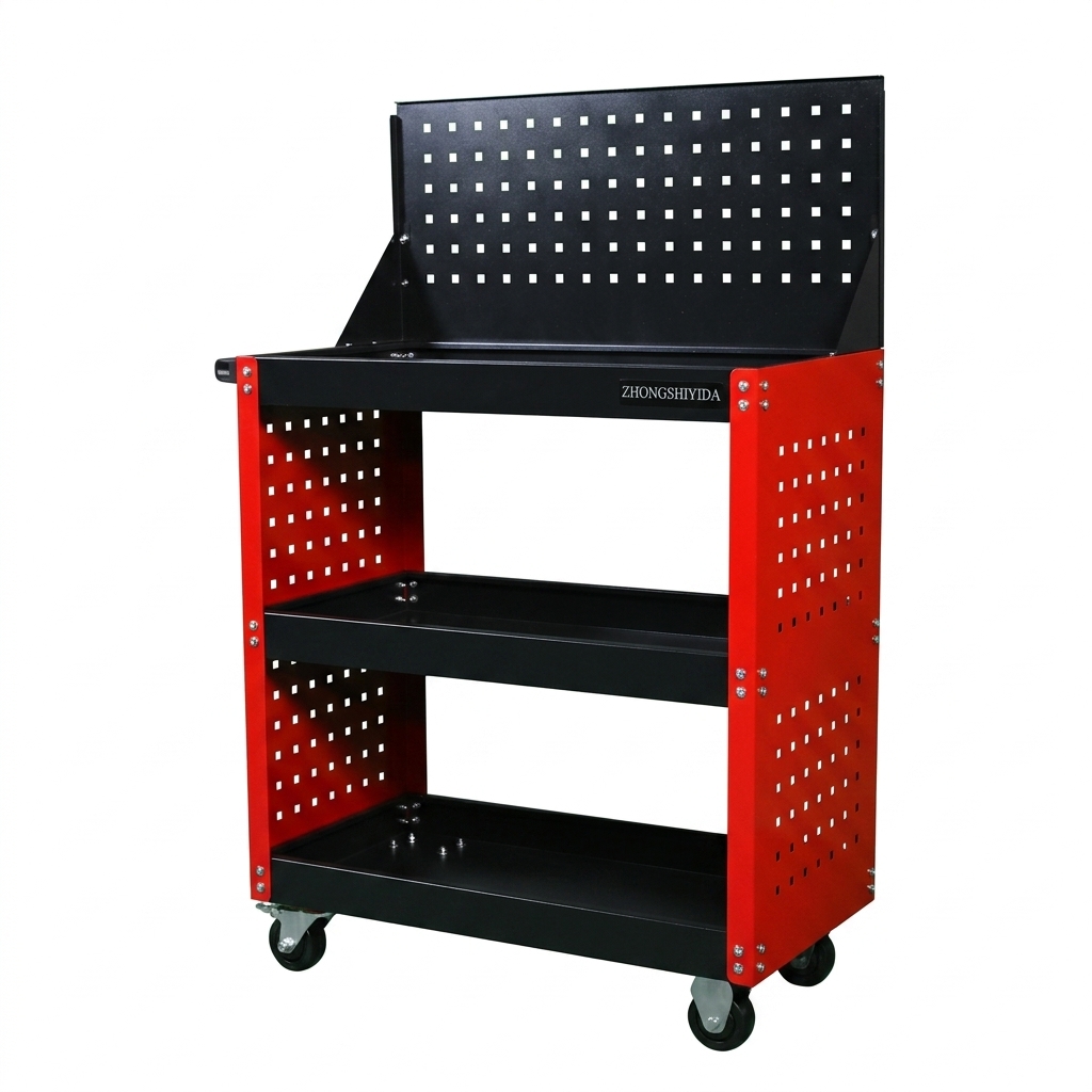 Cold Rolled Steel 3 Tier Parts Cart with Full Mesh Sides and Pegboard Heavy Duty Rolling Tool Trolley OEM Available - Image 4