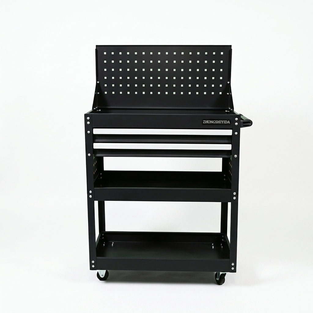 3 Tier 2 Drawer Parts Cart with Flip Top Pegboard Heavy Duty Rolling Tool Trolley for Garage - Image 4