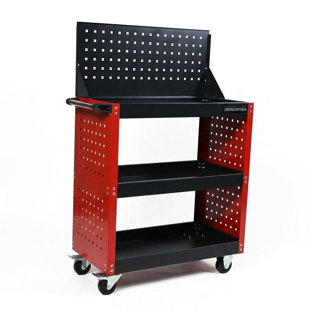 Cold Rolled Steel 3 Tier Parts Cart with Full Mesh Sides and Pegboard Heavy Duty Rolling Tool Trolley OEM Available - Image 6