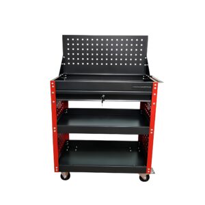 Ergonomic Heavy Duty 1 Drawer Rolling Tool Trolley with Pegboard Back Panel, Open Storage Shelves for Auto Repair Garage