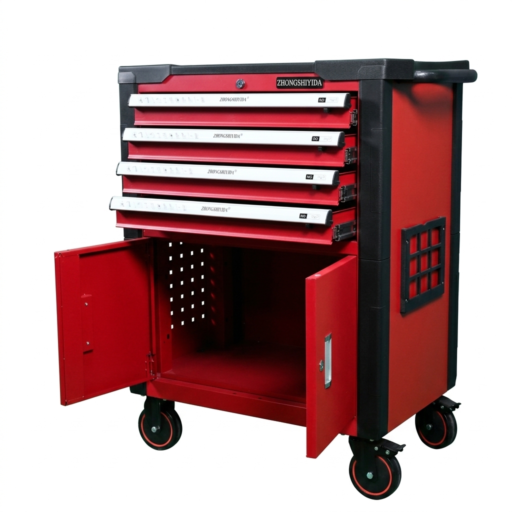 Tool Cabinet 4 Drawer Steel Heavy Duty Double Doors Plastic Top Rolling Tool Chest for Garage and Factory - Image 3