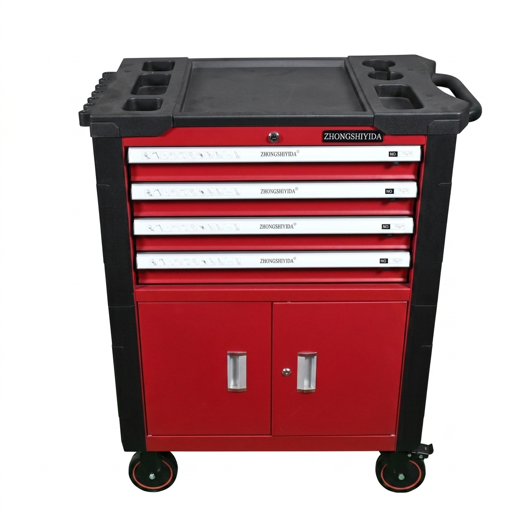 Tool Cabinet 4 Drawer Steel Heavy Duty Double Doors Plastic Top Rolling Tool Chest for Garage and Factory - Image 4