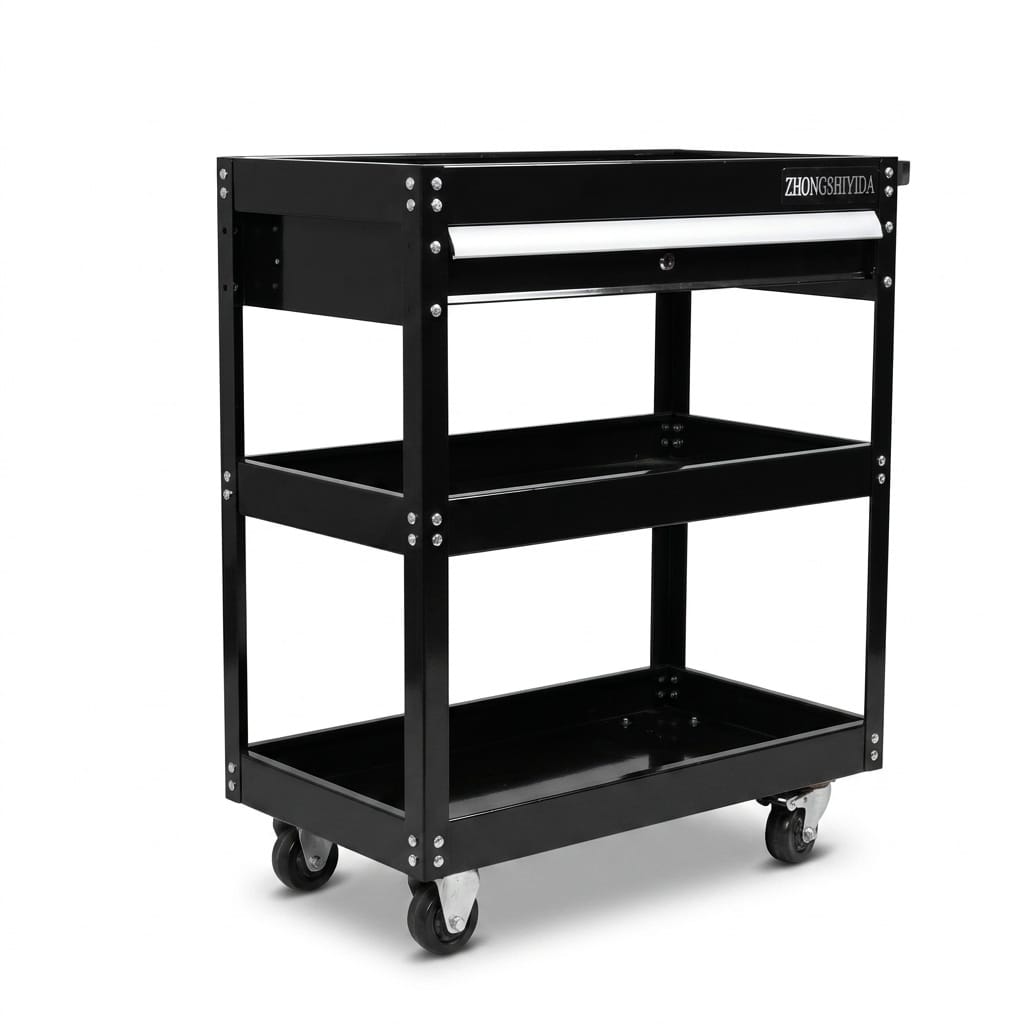 Glossy Black 3 Tier Parts Cart with Single Drawer Heavy Duty Rolling Tool Trolley for Garage - Image 3