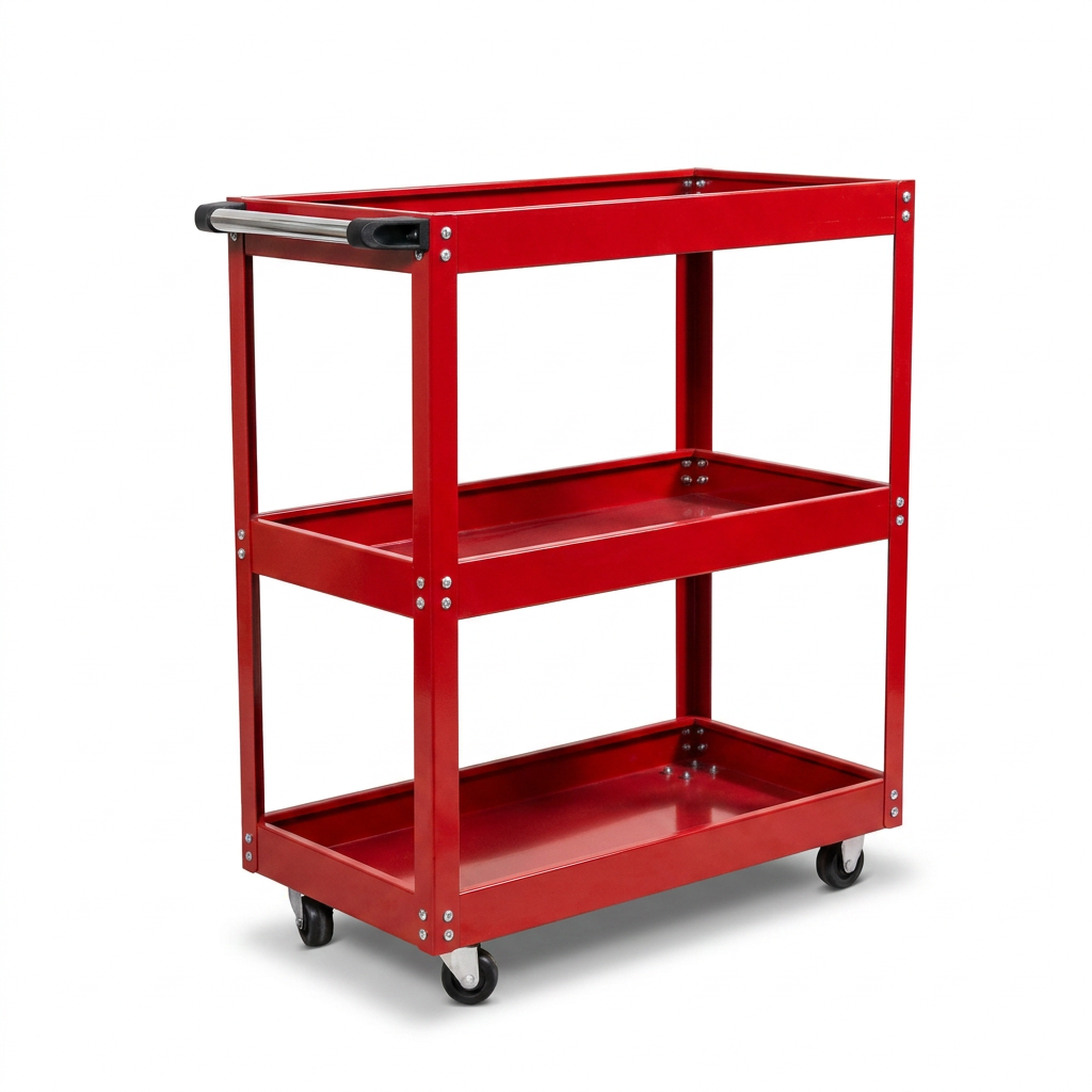 Professional Heavy Duty Red OEM Tool Cart with 3 Thick Shelves Lockable Rubber Wheels Factory - Image 2