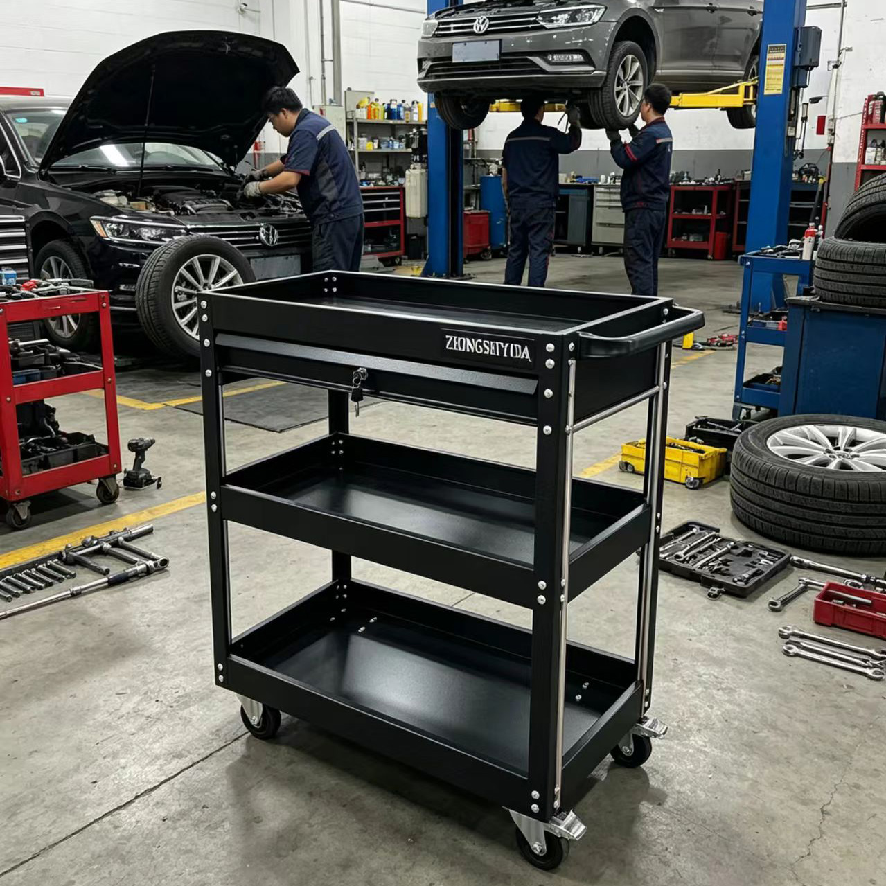 3 Tier Rolling Tool Trolley With Lockable Drawer Heavy Duty Cold Rolled Steel Garage Tool Storage Cart - Image 6