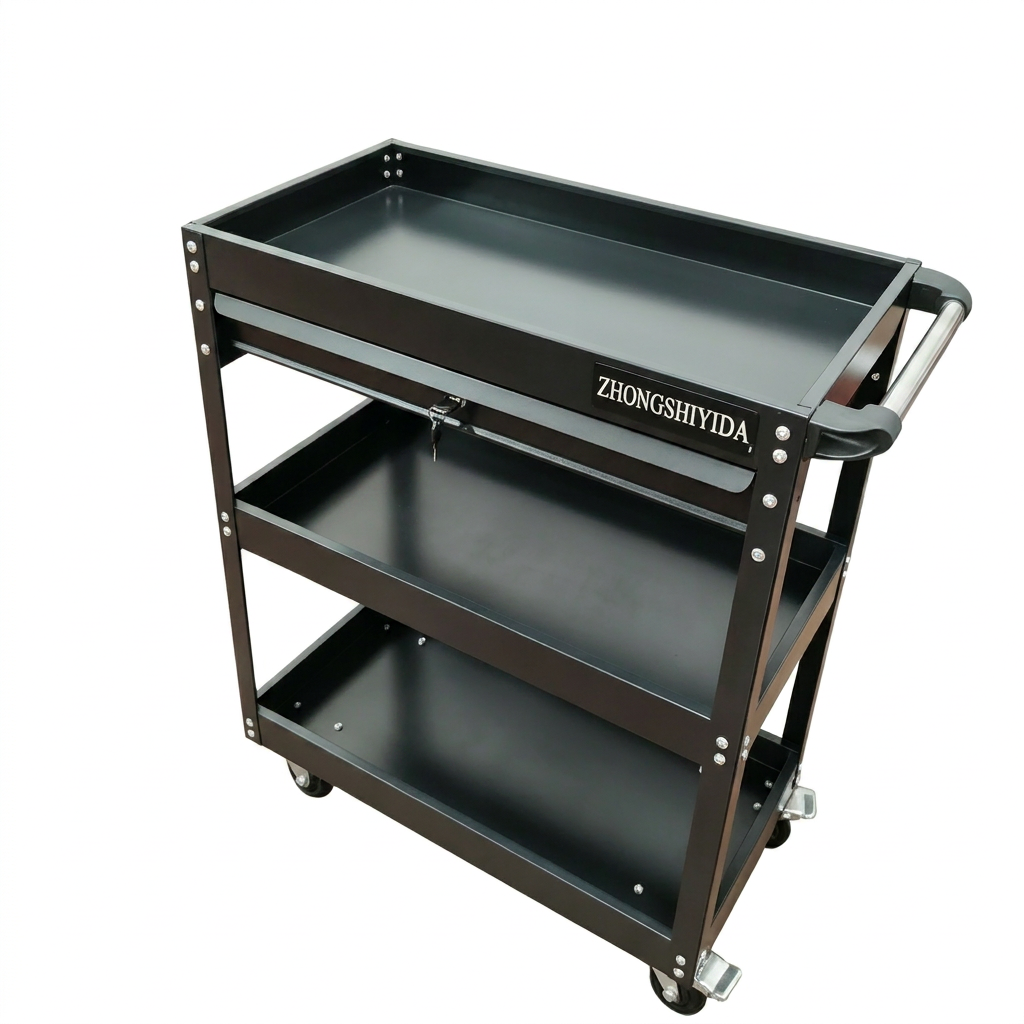 3 Tier Rolling Tool Trolley With Lockable Drawer Heavy Duty Cold Rolled Steel Garage Tool Storage Cart - Image 5
