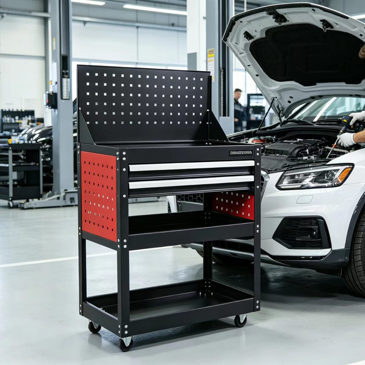 3 Tier 2 Drawer Parts Cart with Flip Top Pegboard Heavy Duty Rolling Tool Trolley for Garage - Image 5