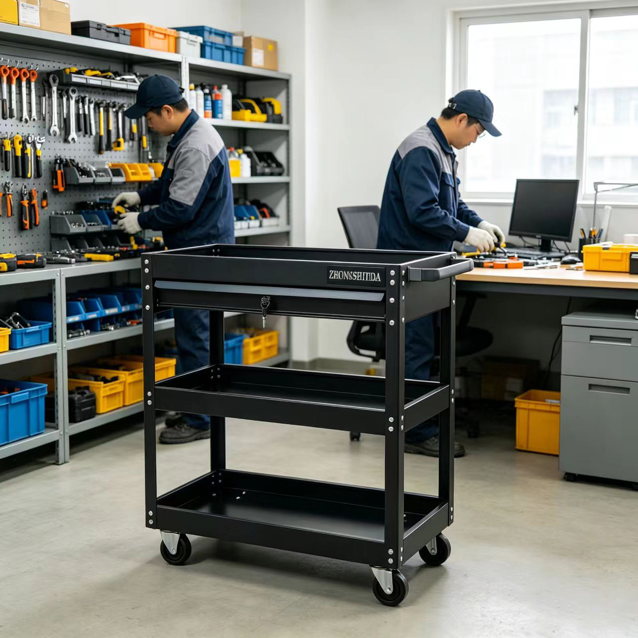 3 Tier Rolling Tool Trolley With Lockable Drawer Heavy Duty Cold Rolled Steel Garage Tool Storage Cart - Image 7