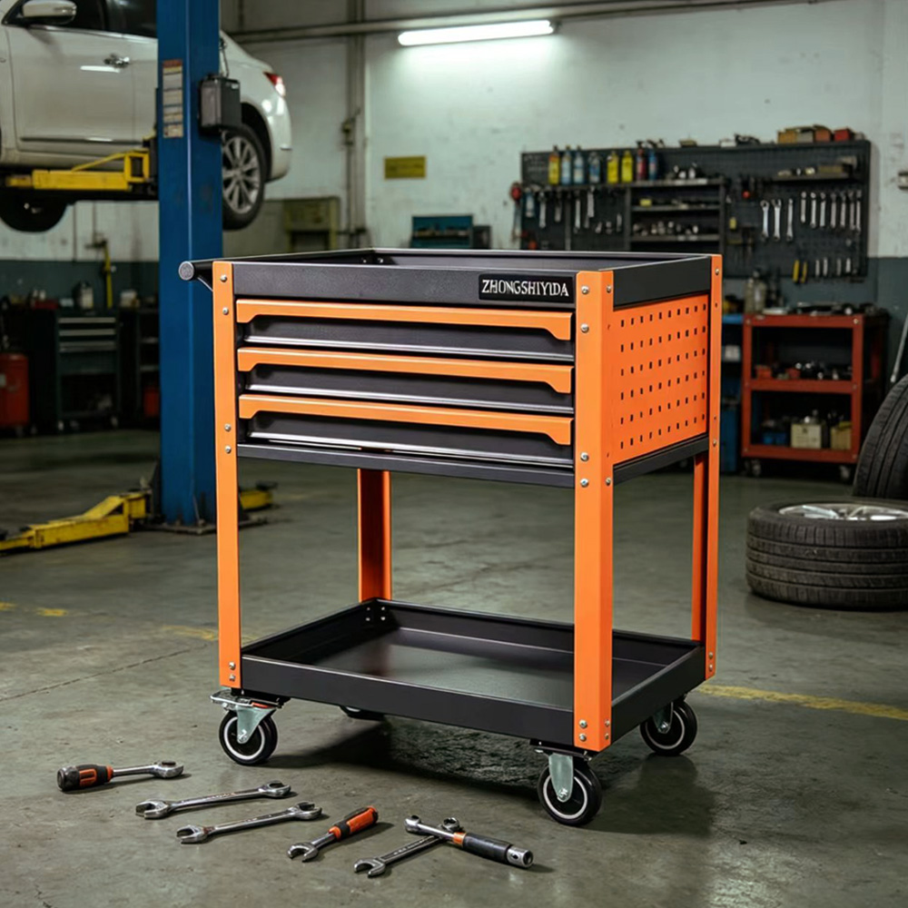 Tool Cart 3 Drawer Heavy Duty Rolling with 2 Tier Shelf Tool Trolley for Garage Workshop Auto Repair Service - Image 4
