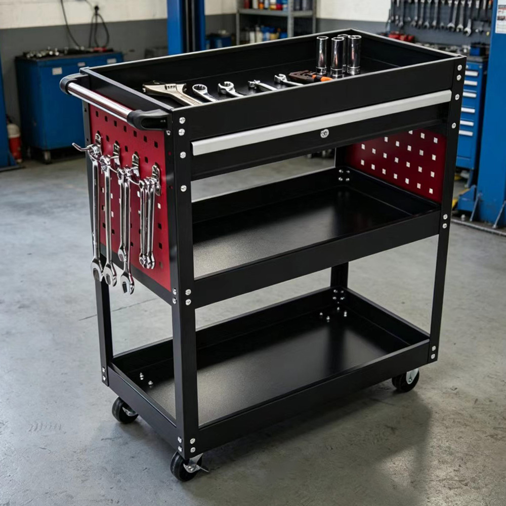 Tool Trolley 3 Tier Parts Cart Single Drawer Heavy Duty Cold Rolled Steel Rolling for Garage Workshop Storage - Image 4