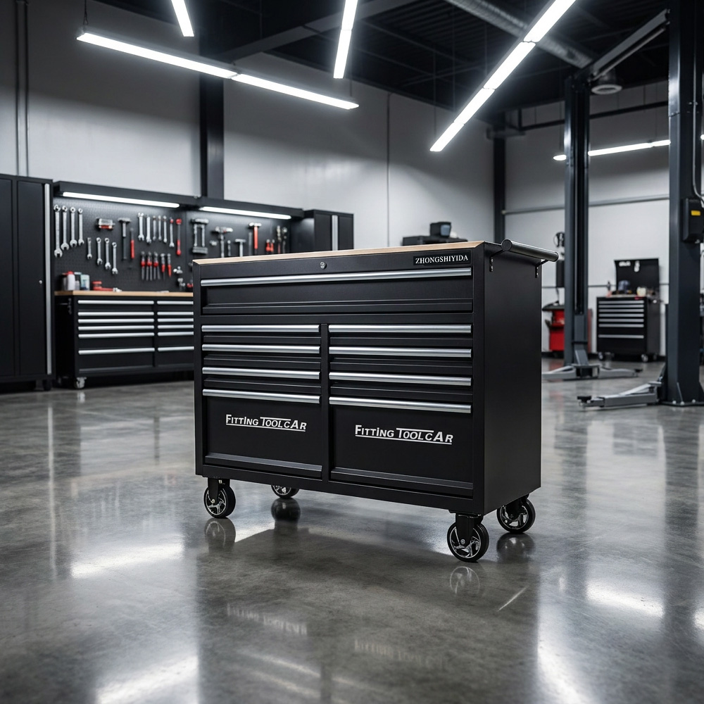 Tool Cabinet 9 Drawer Wooden Top Aluminum Alloy Trim Heavy Duty Rolling Tool Chest for Garage Workshop Auto Repair - Image 4
