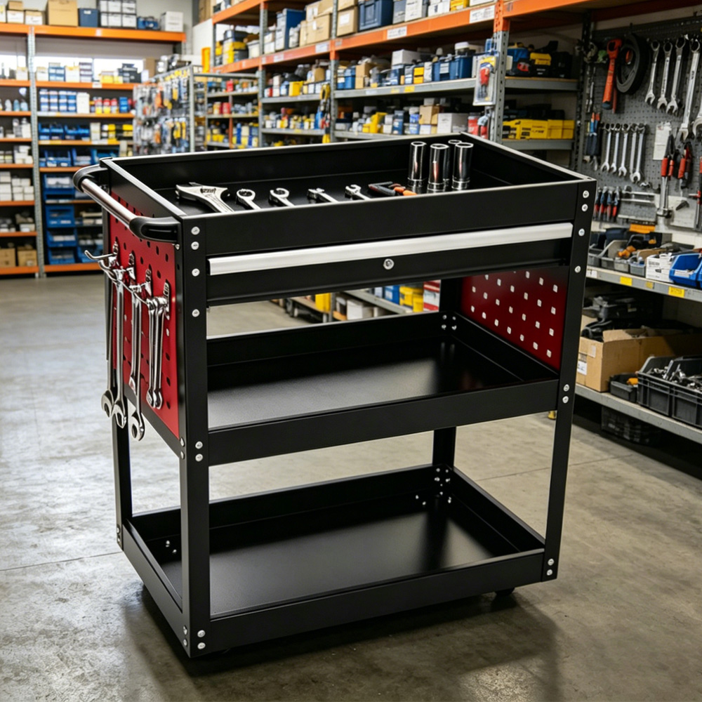 Tool Trolley 3 Tier Parts Cart Single Drawer Heavy Duty Cold Rolled Steel Rolling for Garage Workshop Storage - Image 5
