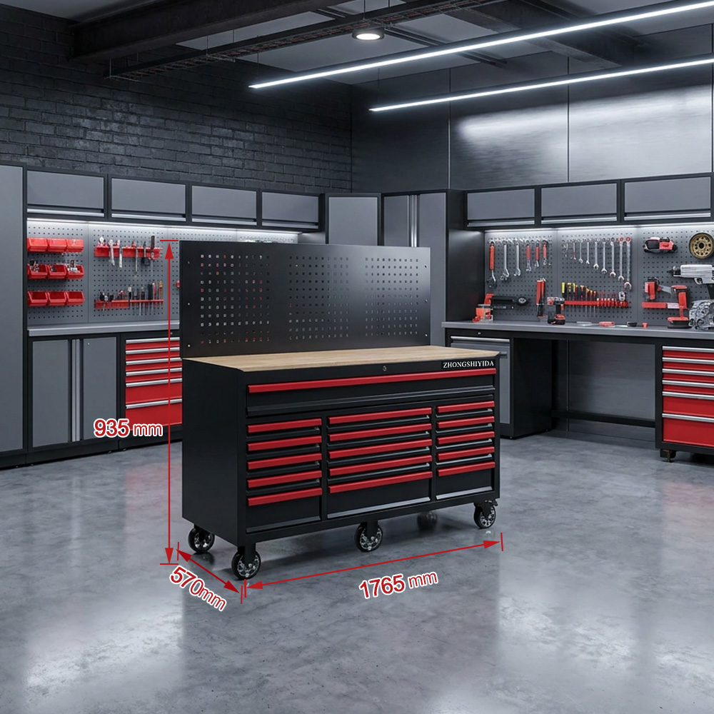 16 Drawers Rolling Tool Cabinet With Wooden Worktop & Pegboard Back Panel Heavy‑Duty Metal Tool Trolley For Garage Workshop Storage - Image 5