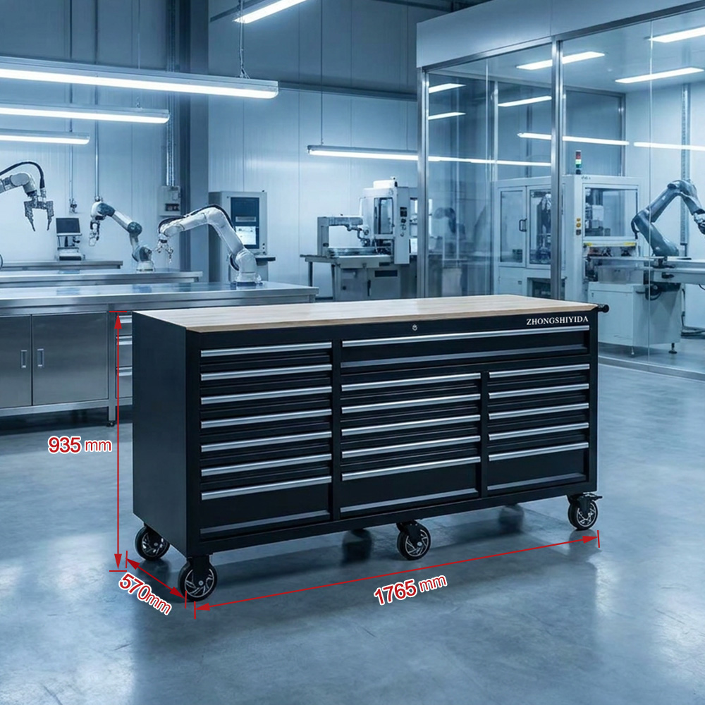 Heavy Duty 18 Drawer Rolling Tool Cabinet Wooden Top Workbench Metal Tool Storage Chest for Auto Garage Workshop - Image 6