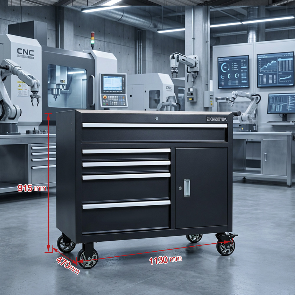 Tool Cabinet 5 Drawer Heavy Duty Side Door Wooden Top Rolling Tool Chest for Garage Auto Repair Shop Workshop - Image 6