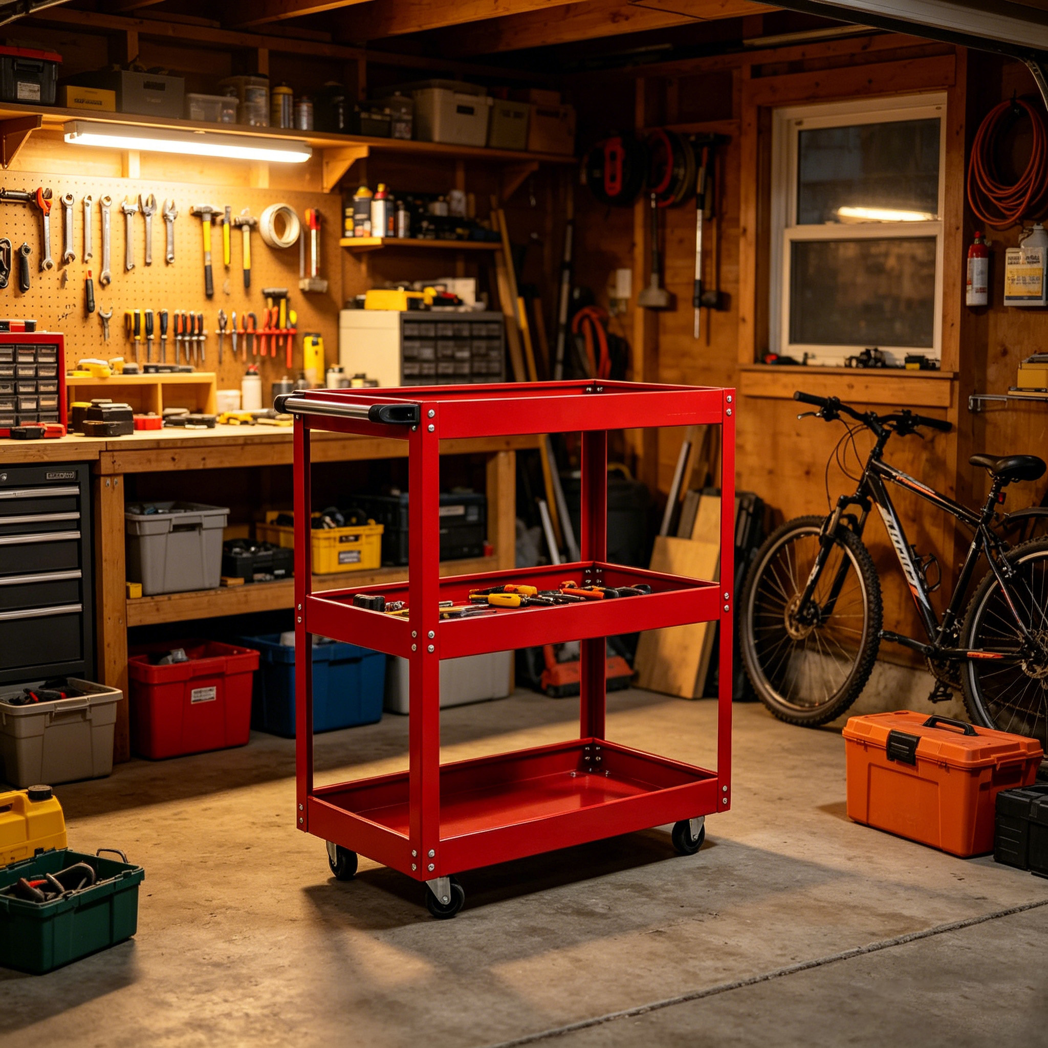 Professional Heavy Duty Red OEM Tool Cart with 3 Thick Shelves Lockable Rubber Wheels Factory - Image 6