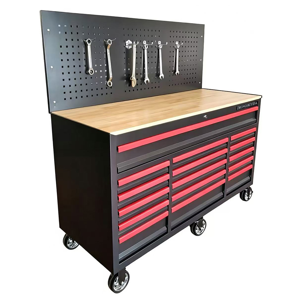 16 Drawers Rolling Tool Cabinet With Wooden Worktop & Pegboard Back Panel Heavy‑Duty Metal Tool Trolley For Garage Workshop Storage - Image 3