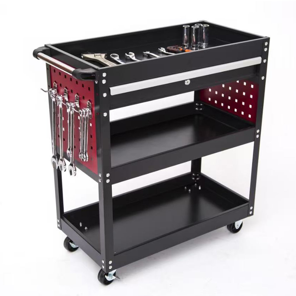 Tool Trolley 3 Tier Parts Cart Single Drawer Heavy Duty Cold Rolled Steel Rolling for Garage Workshop Storage - Image 2