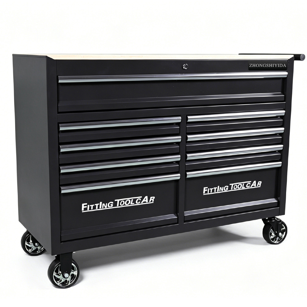 Tool Cabinet 9 Drawer Wooden Top Aluminum Alloy Trim Heavy Duty Rolling Tool Chest for Garage Workshop Auto Repair - Image 2