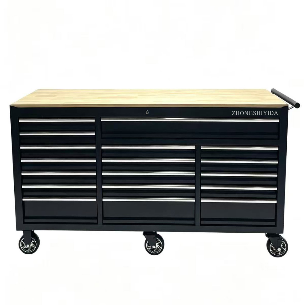 Heavy Duty 18 Drawer Rolling Tool Cabinet, Wooden Top Workbench Metal Tool Storage Chest for Auto Garage Workshop