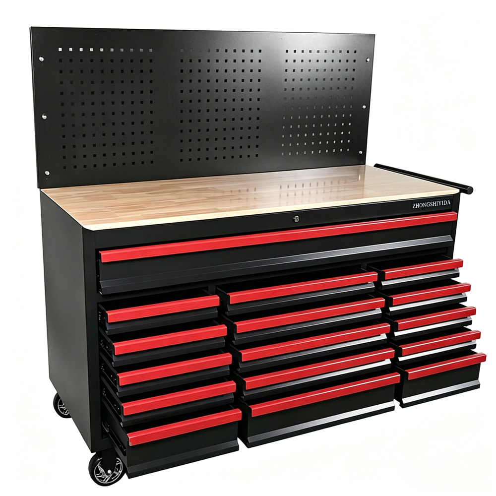 16 Drawers Rolling Tool Cabinet With Wooden Worktop & Pegboard Back Panel Heavy‑Duty Metal Tool Trolley For Garage Workshop Storage - Image 2