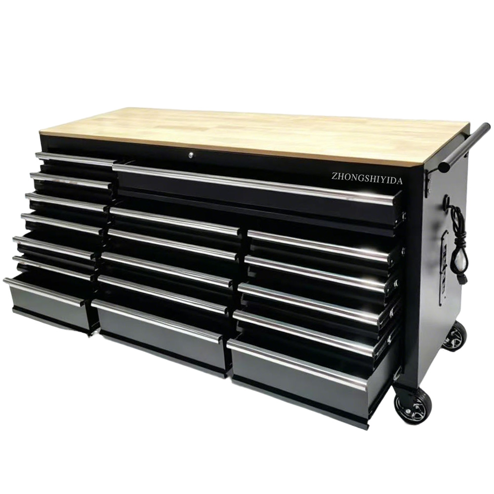 Heavy Duty 18 Drawer Rolling Tool Cabinet Wooden Top Workbench Metal Tool Storage Chest for Auto Garage Workshop - Image 3