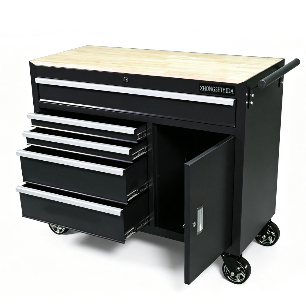 Tool Cabinet 5 Drawer Heavy Duty Side Door Wooden Top Rolling Tool Chest for Garage Auto Repair Shop Workshop - Image 3