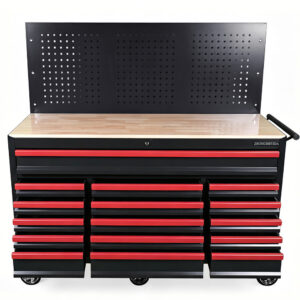 16 Drawers Rolling Tool Cabinet With Wooden Worktop & Pegboard Back Panel Heavy‑Duty Metal Tool Trolley For Garage Workshop Storage