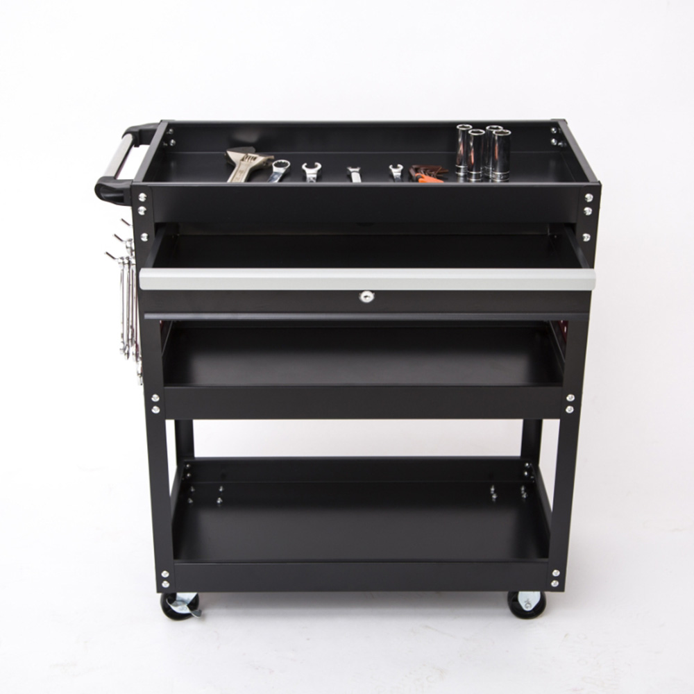 Tool Trolley 3 Tier Parts Cart Single Drawer Heavy Duty Cold Rolled Steel Rolling for Garage Workshop Storage