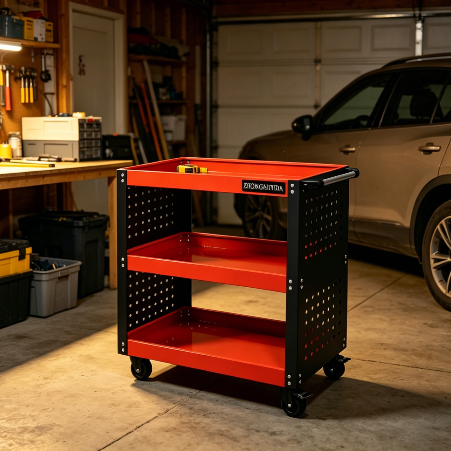 3 Tier Heavy Duty Rolling Tool Trolley, Red Cold Rolled Steel Side Hole Panel Garage Storage Parts Cart - Image 5